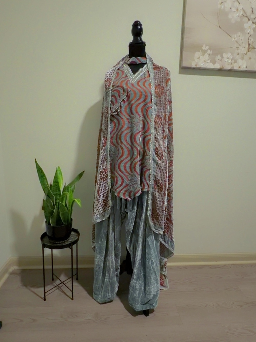 Gray & Rust Velvet Kurta Set